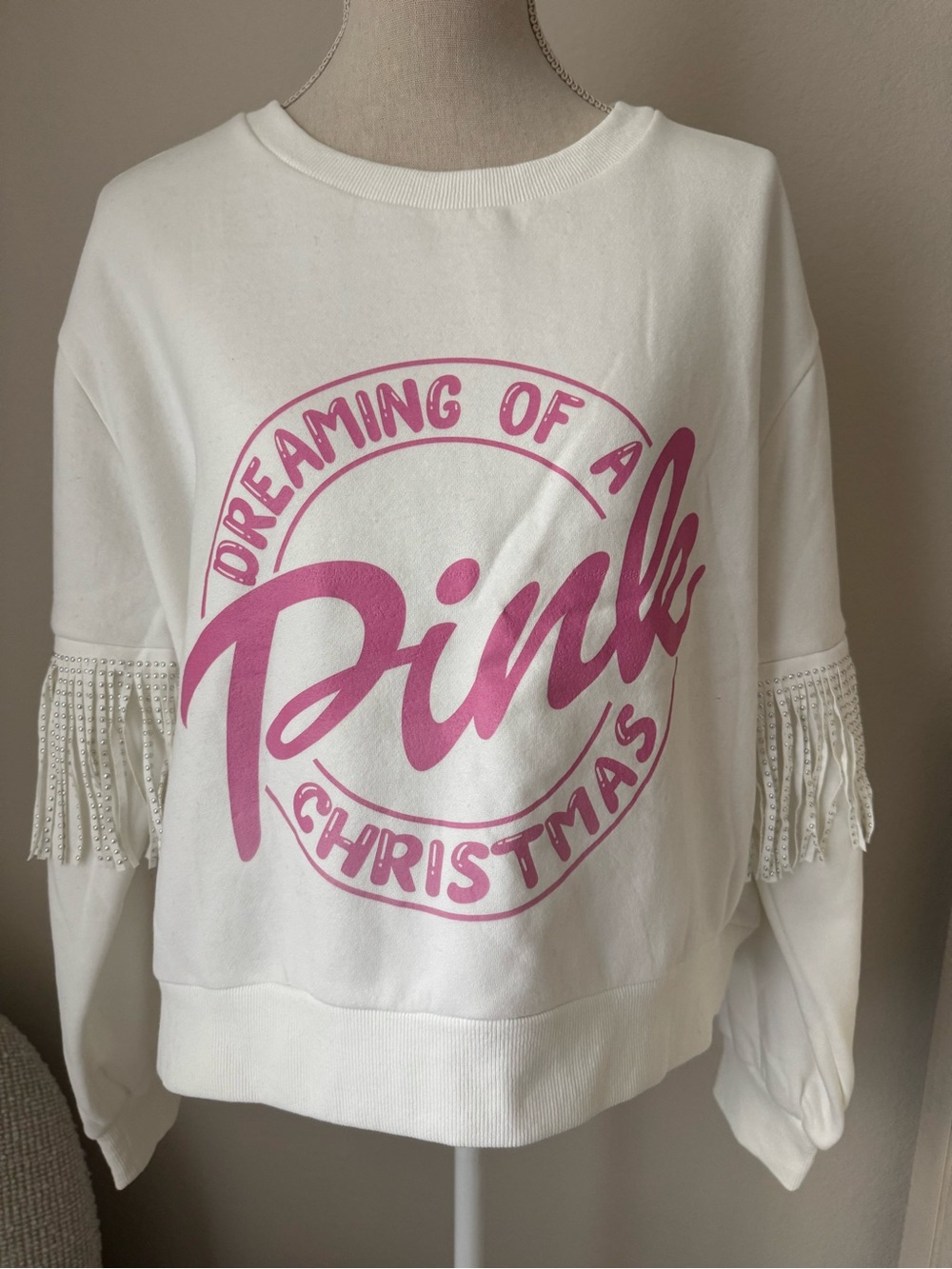 Women's White Crewneck Sweatshirt with Pink Graphic